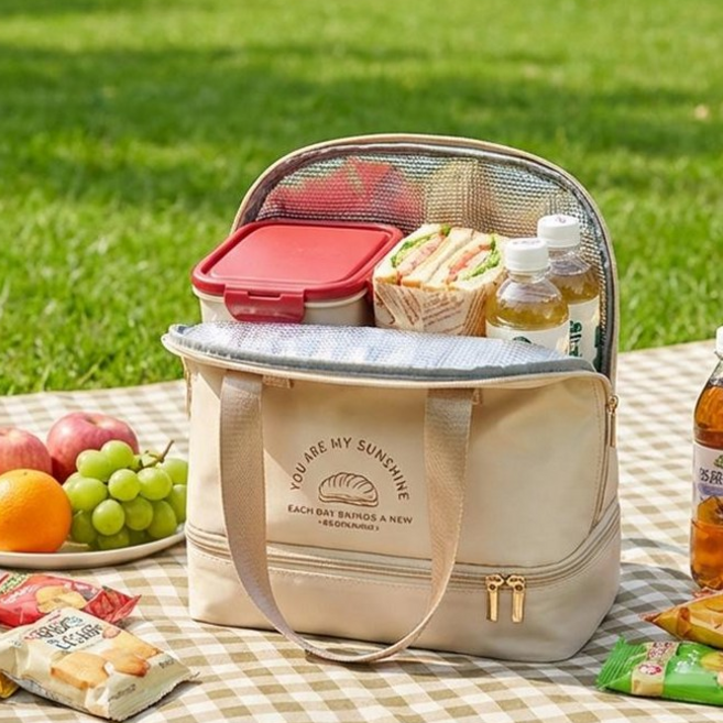 쬬린 2단 상하분리 보온 도시락 파우치, 모카 브라운, 1개