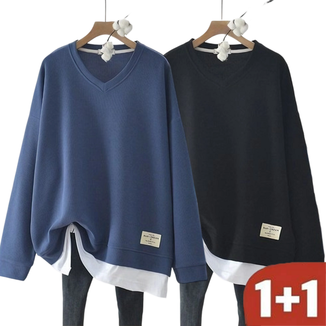 오스틱니 100kg까지 빅사이즈 1+1 날씬해보이는 레이어드 맨투맨 여성 봄 가을 편한 브이넥 무지 박스긴팔티 오버핏 박시핏 심플 이너 긴팔 티셔츠 간절기 외출코디 긴팔롱티 데일리