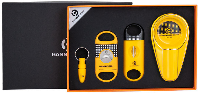 고급 시가 커터 시가 칼 다양한 블레이드 세트 시가커터기 나이프 자체 스틸가위 더블 블레이드 커터 나이프 (시가를 좋아하는 사람들 필수품), 노란색 4종 세트[선물 상자], 1개