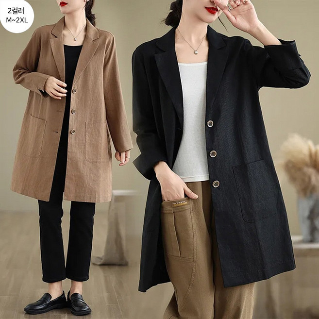 FANSYLI 여성 캐주얼 오버핏 하프 포켓 내추럴 린넨 면마 정장 자켓 자외선차단 트렌치 코트 오피스룩 2603JLL6141