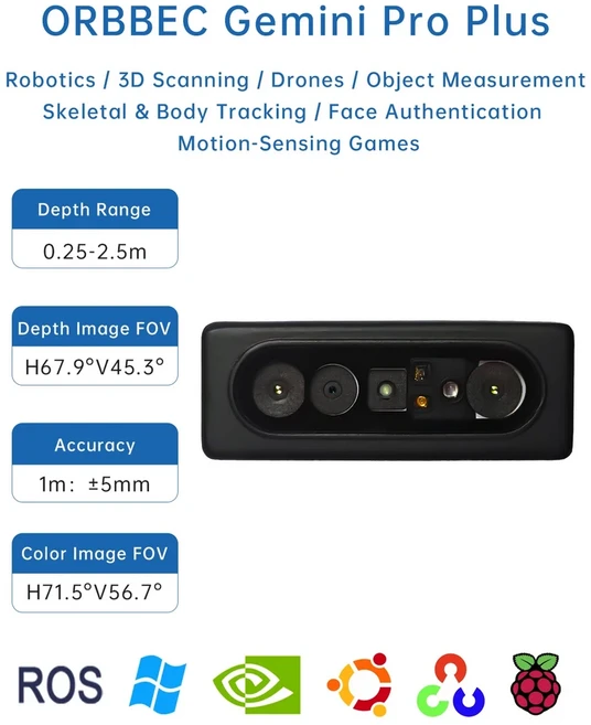 3D 스캐너 카메라 Nuwa-60C RGB 광 이미징 센서 USB FOV 73.8 ° ROS AI 로봇 드론 자동차용 0.2-4M, 04 Gemini Pro Plus