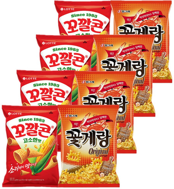 롯데 크라운 스낵모음 꼬깔콘 고소한맛 67gx4개+꽃게랑 70gx4개 (총8개), 1세트, 548g