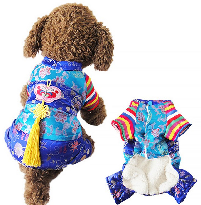 NIUFLY 강아지 한복 애견한복 고양이 따뜻한 겨울 옷, 푸른색, 1개