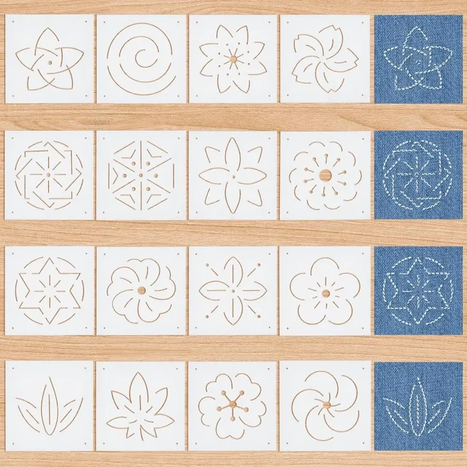 16Pcs 플라스틱 사시코 스텐실 5x5inch 꽃 패턴 자수 도구 핸드 퀼트 및 자수를위한 라인 템플릿 그리기, 01 AECH04-14019