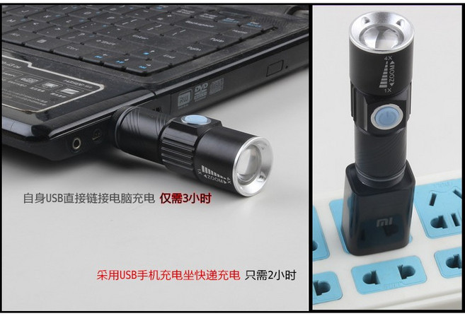 迷你強光LED小手電筒USB充電式照明電燈, 1個