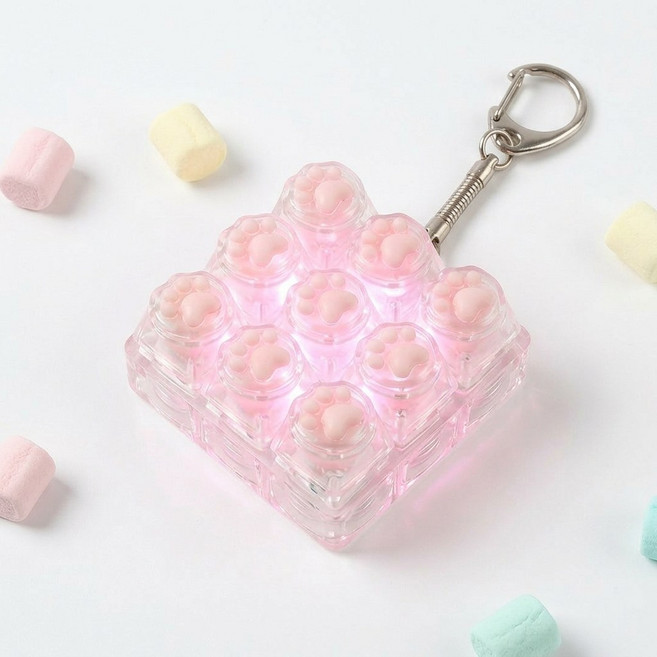 파스텔 고양이 발바닥 불빛 9구 키캡 키링 딸깍이 버튼 열쇠고리, 1개, 딸기우유 핑크