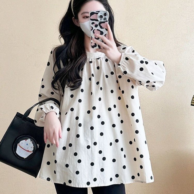 임산부 라운드넥 긴팔 셔츠 봄 가을 빅사이즈 프렌치 도트 블라우스 캐주얼 임부복 상의 LT