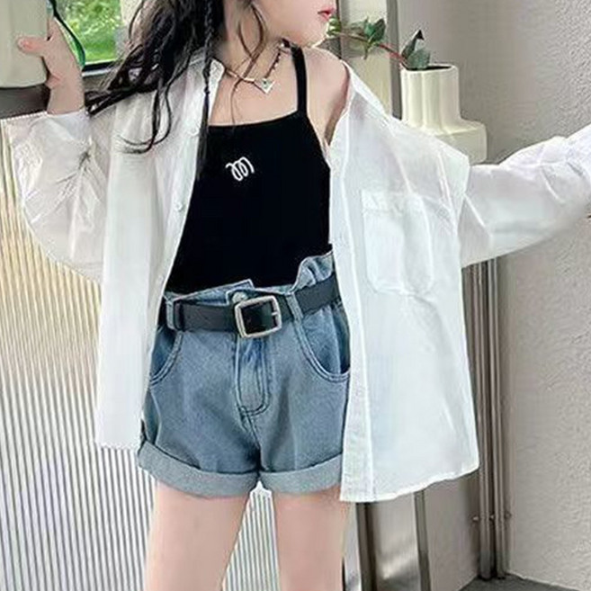 besteffie 여아용 베이직 루즈핏 봄 여름 긴팔 남방 셔츠 심플 캐주얼 어린이 외출 셔츠 14세 이상
