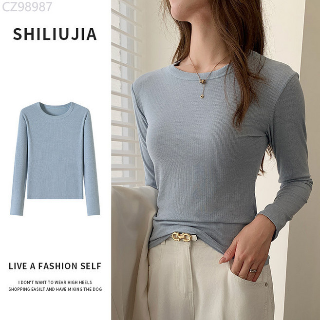 SHILIUJIA 螺紋圓領長袖針織內搭上衣