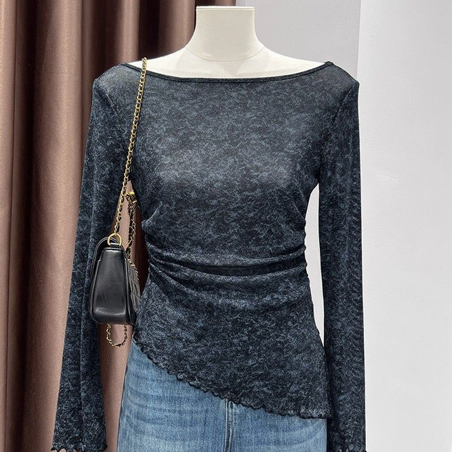 Makone 여성 라운드넥 물결밑단 옆트임 패션 슬림핏 탑 티셔츠