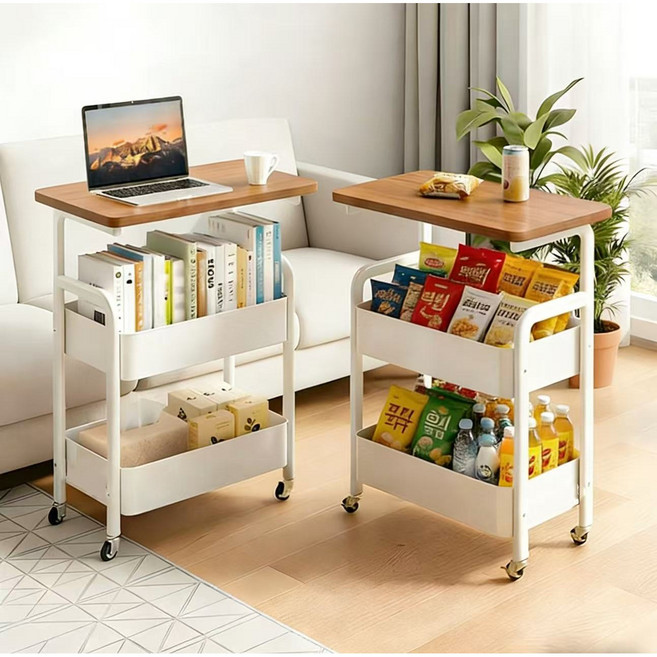 스타업 이동식 사이드 테이블 철제 선반 3단 트롤리 바퀴달린 이동식 테이블 보조테이블 침대 사이드 테이블, 화이트