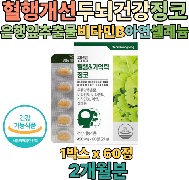 은행잎 추출물 징코 징코빌로바 비타민 B 아연 셀레늄 면역 력 식약처 인증 플라보놀 배당체 혈행 개선 목넘김 쉬운 두뇌 건강 기억력 개선 노인 노년 직장인 부모님 중년 장년 추천, 60정