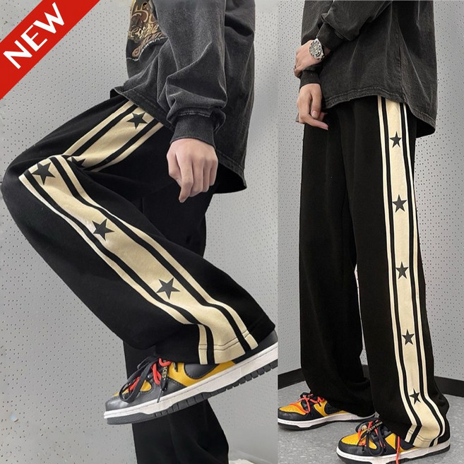 (26년 신상) 80kg까지 빅사이즈 여성 시카고 스트릿 별 트레이닝 팬츠 봄 여름 편한 빈티지 디자인 배색 학생 멋쟁이 하이웨이스트 코디 트렌드 캐주얼 스웨트 일자 롱 바지