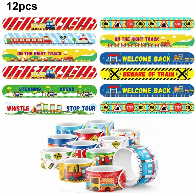 기차 생일 장식 파티 호의 용품 케이크 토퍼 스냅 팔찌 선물 가방 필러 상금 14세 이상, 03 12pcs