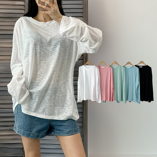 [국내제작] 뮤앤뮤즈 여리여리 얇은 긴팔 라운드 티 슬라브 티셔츠