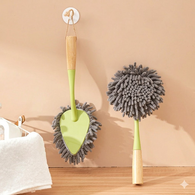 우드손잡이 극세사 먼지털이 청소브러쉬 먼지제거, 1개, 우드 그린 브러쉬