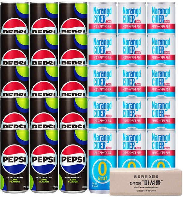 펩시콜라제로190ml 나랑드사이다제로180ml 2가지맛 각15캔 총30캔, 190ml, 30개