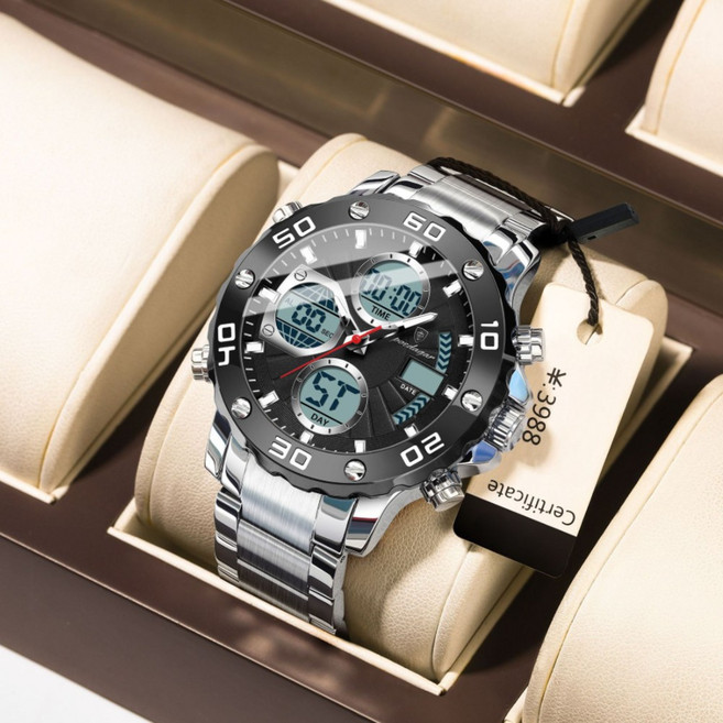 포스워백 남자 메탈 아날로그 전자 손목시계