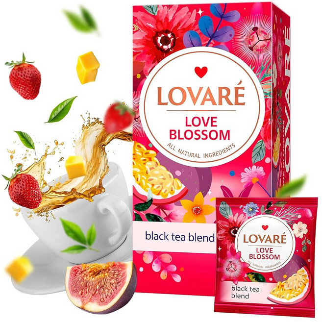 LOVARE 4가지 모듬 티백 버라이어티 팩 48g - 우크라이나산 블랙 그린 티 샘플러 백 24개 x 2g 개별 포장 블렌드 선물 상자 구색, Love Blossom