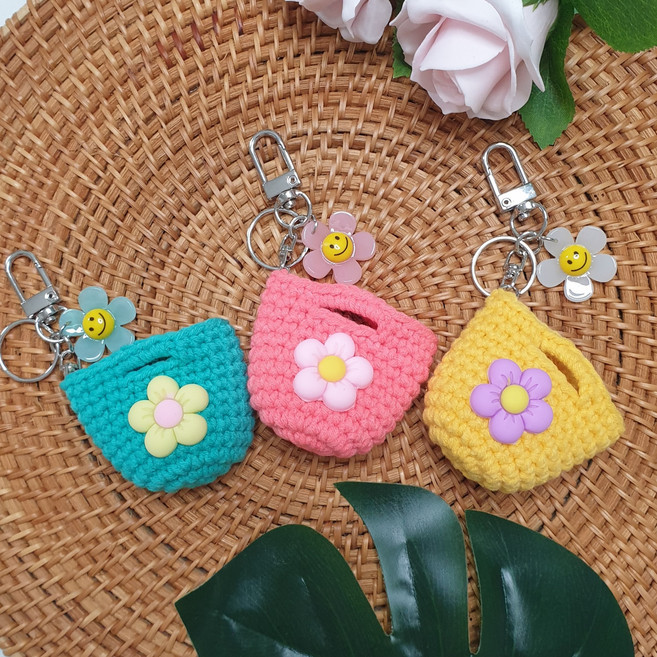 손뜨개 미니 토트백 키링 만들기 초보자용 DIY KIT, 검정(스마일파츠흰색), 1세트