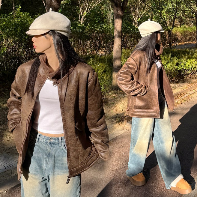 시온 여성 오버핏 양털 하이넥 무스탕