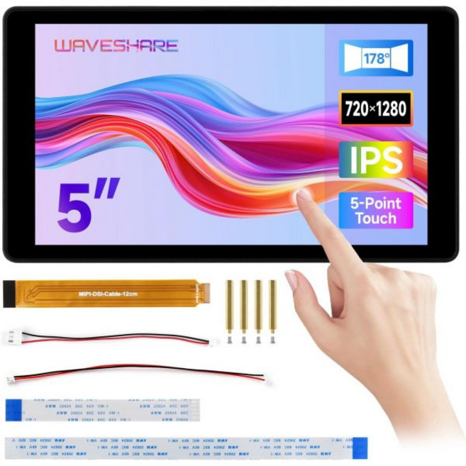 웨이브셰어 5인치 DSI 정전식 터치 디스플레이 라즈베리 파이 54B3B3A 720 x 1280 IPS 광학 본딩 강화 유리 패널 인터페이스 5포인트 알루미늄 합금 케이스와 호