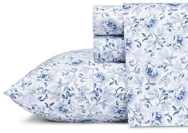 Laura Ashley Home 새틴 컬렉션 침대 시트 세트 실크처럼, Lorelei Dark Blue