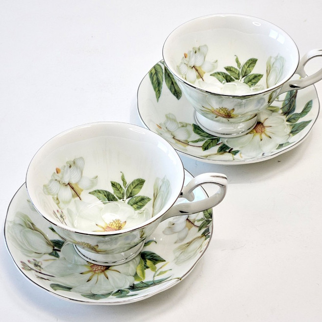 플라워리 본차이나 커피잔 2인조 세트 찻잔 티타임, 1세트, 매그놀리아