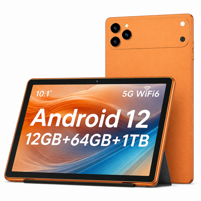 가성비 태블릿PC 안드로이드12 10.1인치 12GB RAM 64GB 키보드 포함 최대 1TB 확장 지원, Wi-Fi + 셀룰러, 오렌지