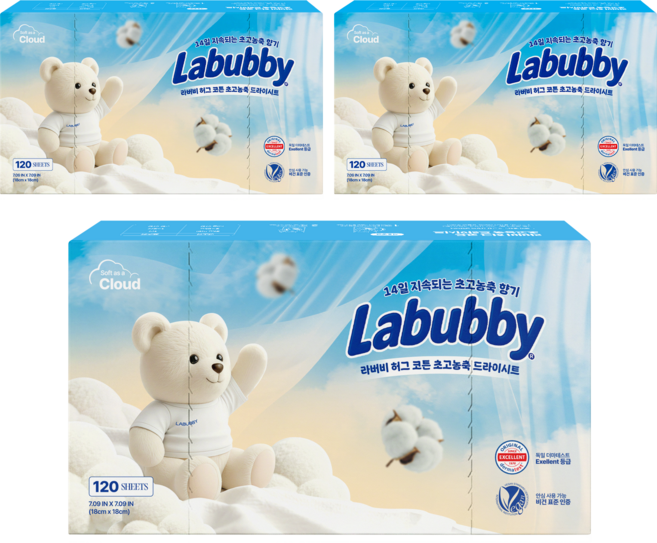 라버비 독일더마 비건인증 초고농축 건조기용 드라이시트 허그코튼, 3개, 120개입