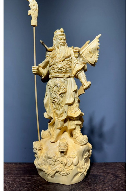 木雕關聖帝君神像擺件，武財神，工藝品, 黃, 1個
