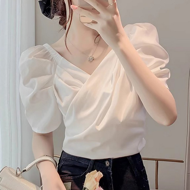 슬림소녀 여성 봄 여름 브이넥 슬림핏 퍼프 블라우스 데일리 캐주얼 셔츠 톱