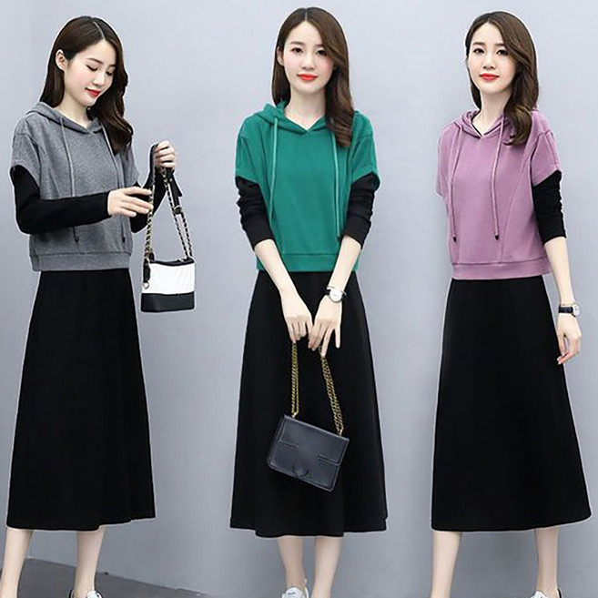 ROYALBELLE 여성 패션 슬림핏 세트 후드 숏 조끼 + 브이넥 긴팔 롱 원피스 캐주얼 투피스 M0112806