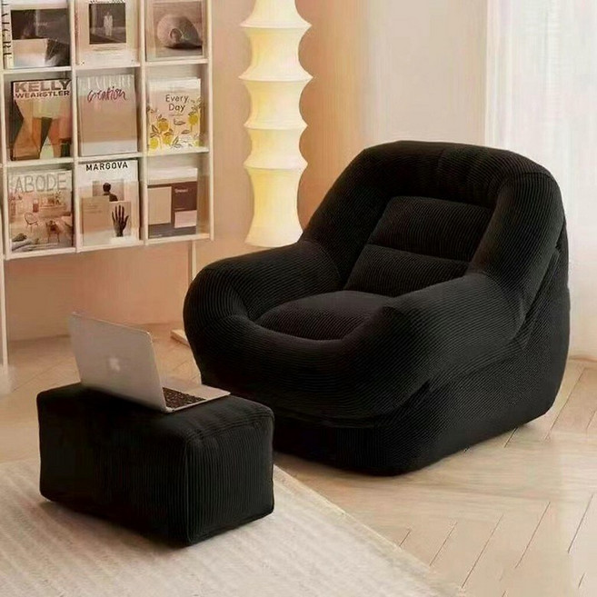 극세사 빈백 소파 피부 촉감 1인쇼파 풋스툴 세트 원룸 편안한 밀키화이트 패브릭 안락, 프리미엄블랙 발받침 포함