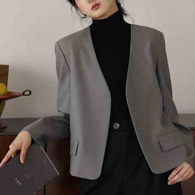 페이준 여성 봄가을 고급스러운 노카라 정장 코트 브이넥 숏타입 통근 정장 코트 YJ4534