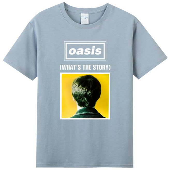 오아시스티셔츠 락밴드 반소매 면 티셔츠 브리튼 인기팝 남녀공용 라운드 반팔티, 파란색 3, 1개