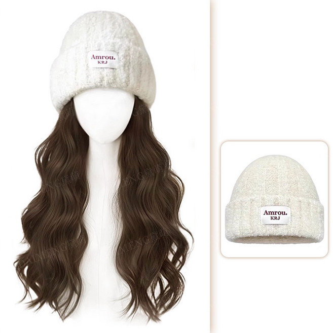 salimm 얼굴작아보이는 내추럴 웨이브펌 일체형 니트 비니 모자 가발, 1개, 쿨브라운