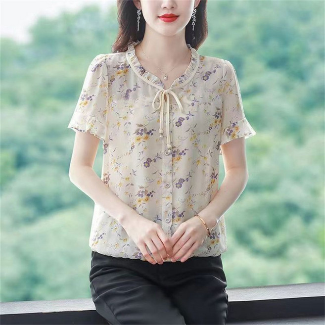 TKX 여성용 플라워 패턴 블라우스 프릴 소매 리본 타이 반팔 여름 오피스 캐주얼 우아한 심플