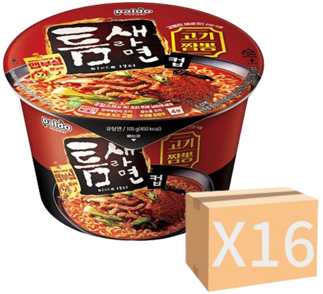 팔도 라면한그릇 간식 용기면 한박스 틈새라면 고기짬뽕컵 105g 16개, 1개
