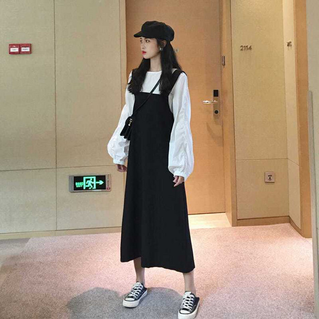 M-4XL 大尺碼洋裝 長袖連身裙 150公斤加大碼女裝秋季新款長袖兩件套裝長款過膝300胖MM背帶連衣裙, 吊帶裙單件,2XL 碼建議75-95公斤