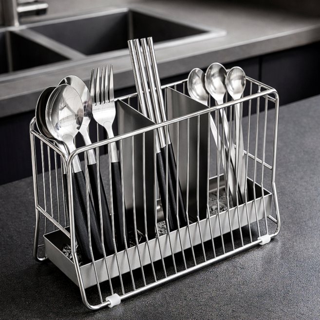 지니바잉 통풍건조 물빠짐 스텐 수저통, 1개, 은색