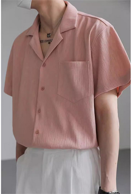 【冰感透氣】冰絲襯衫 短袖襯衫 古巴領襯衫 韓版襯衫 寬鬆襯衫 夏季薄款 肌理設計 白色上衣 潮流百搭 男式休閒
