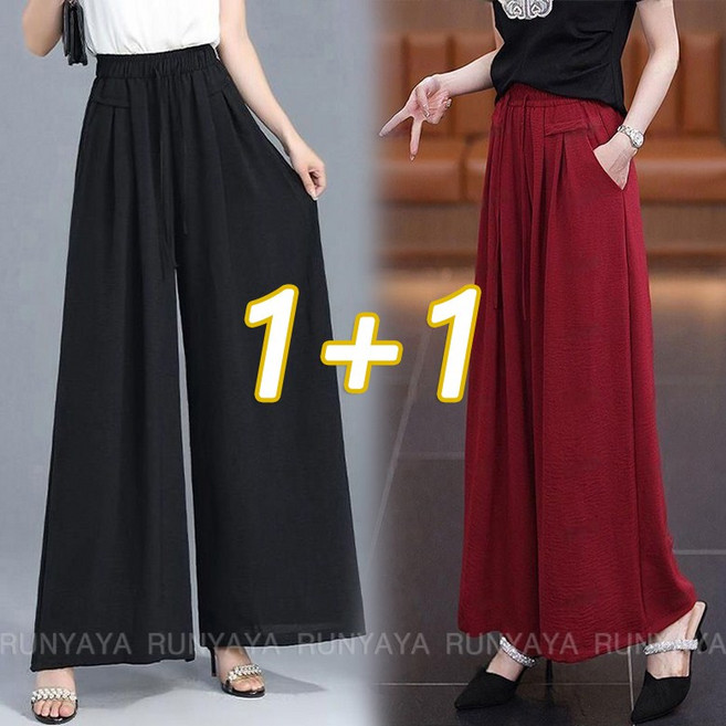 1+1 여성 와이드 팬츠 봄 여름 하이웨스트 통바지 치마바지 빅사이즈 긴 바지 캐주얼 밴딩 긴바지 D99U