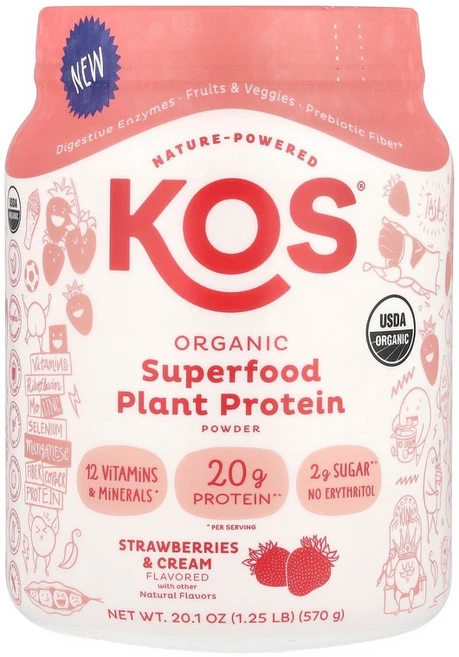 KOS Organic Superfood Plant Protein Powder Strawberries & Cream 1.25 lb (570 g) KOS (코스), 566 g, 567g, 1개 - 쿠팡