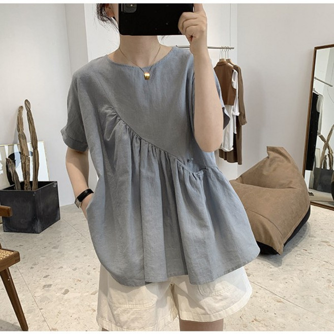 FINE ART 여성 프릴 면마 반팔티 얇은 린넨 티셔츠 오버핏 인형 셔츠 빅사이즈 라운드티 데일리