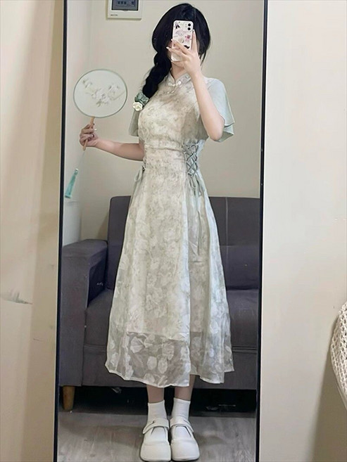 DFMEI 日常國風連衣裙夏日絕美小裙子插肩袖收腰長裙子新中式旗袍女學生
