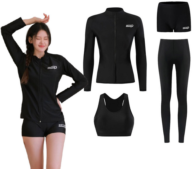 뷰티5도씨 여성용 4종세트 집업 캡내장 래쉬가드 수영복 비치웨어 워터밤 수영모자 증정 RG-04