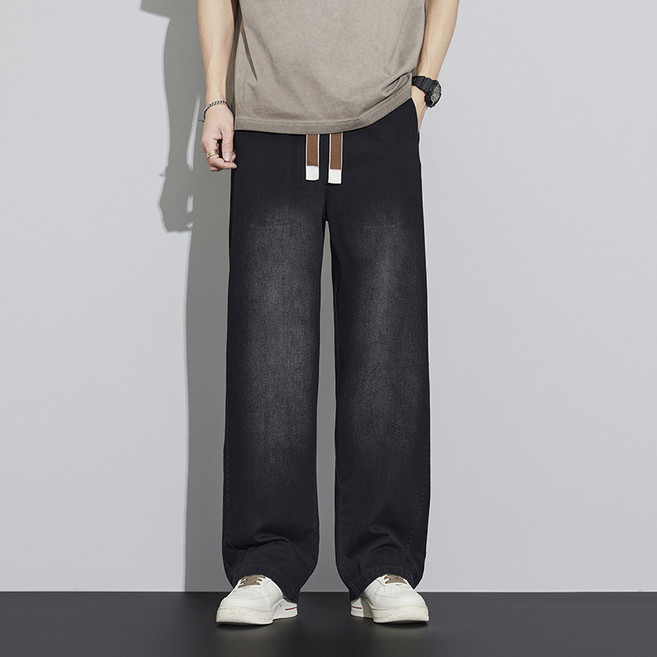 여름 텐셀 청바지 남성용 넉넉한 사이즈 와이드 레그 캐주얼 팬츠 트렌디한 바지 남성용 스트레이트 루즈핏 만능 긴 바지