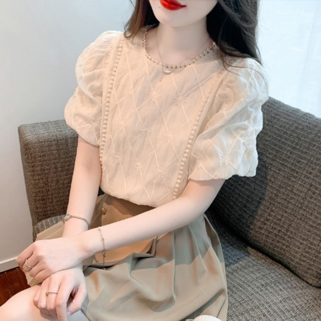 Asure 여자 디자인 베이직 플라워 자수 반팔 블라우스 셔츠