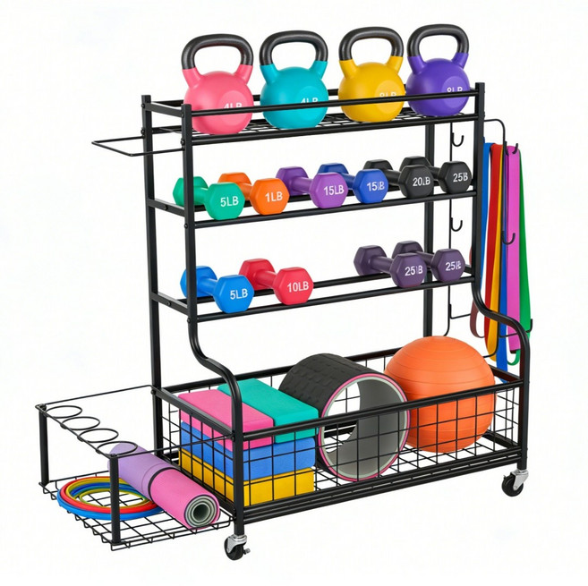 SAIVEINA 다용도 대형 스포츠 장비 수납정리 이동식 선반 농구 축구 배구 첼제 헬스용품 수납정리 카트, 1개, 블랙